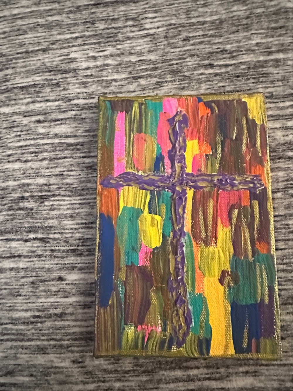 Hand-Painted Colorful Cross Abstract Canvas - Purple, Yellow, Teal